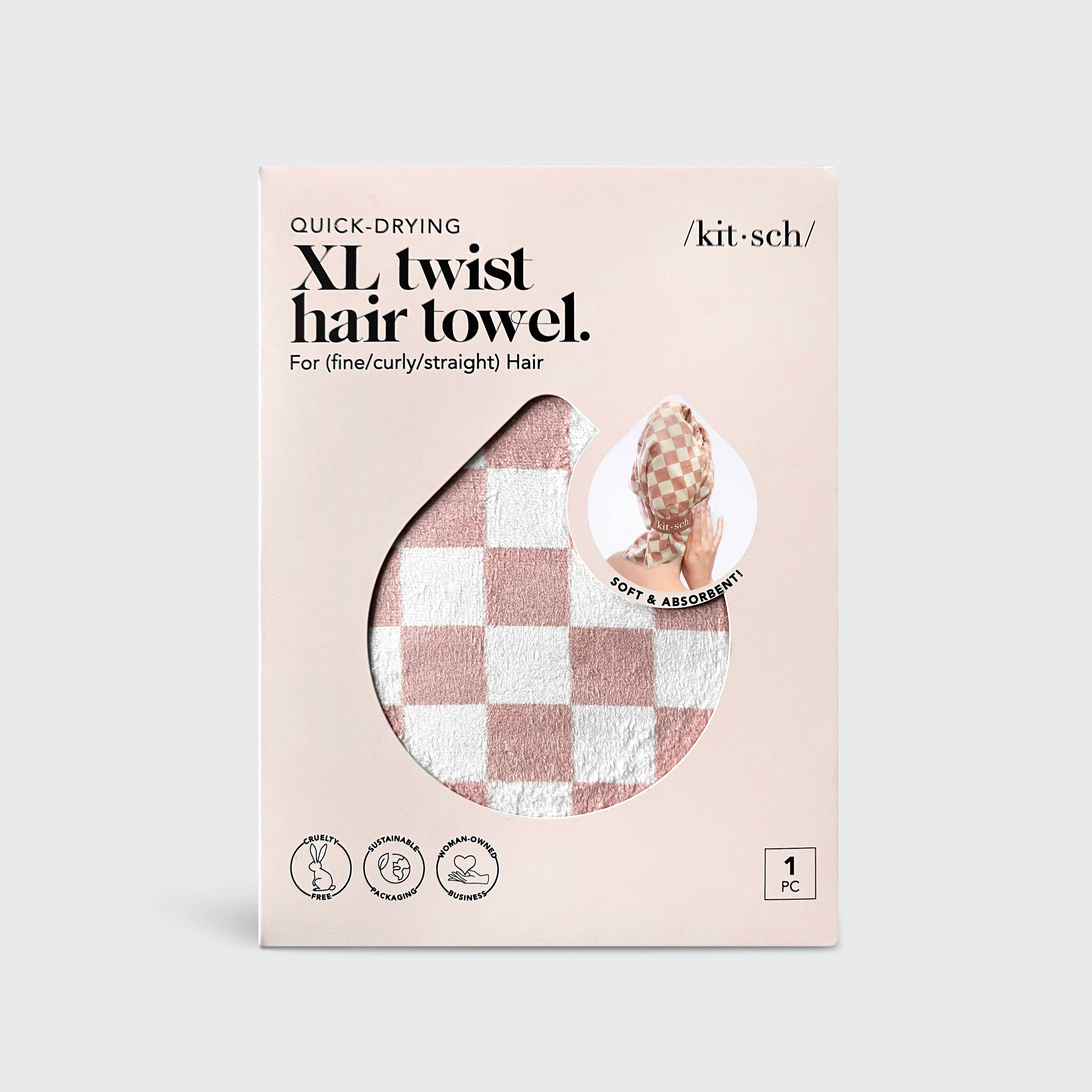Extra Large Quick-Dry Hair Towel Wrap- Terracotta Checker - Image 3